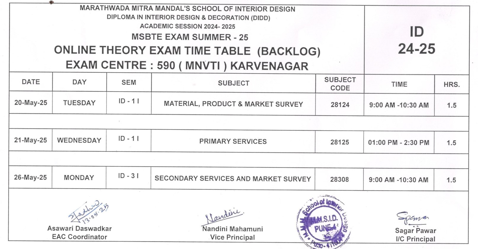 MSBTE Exam Online Theory Time Table Summer 25