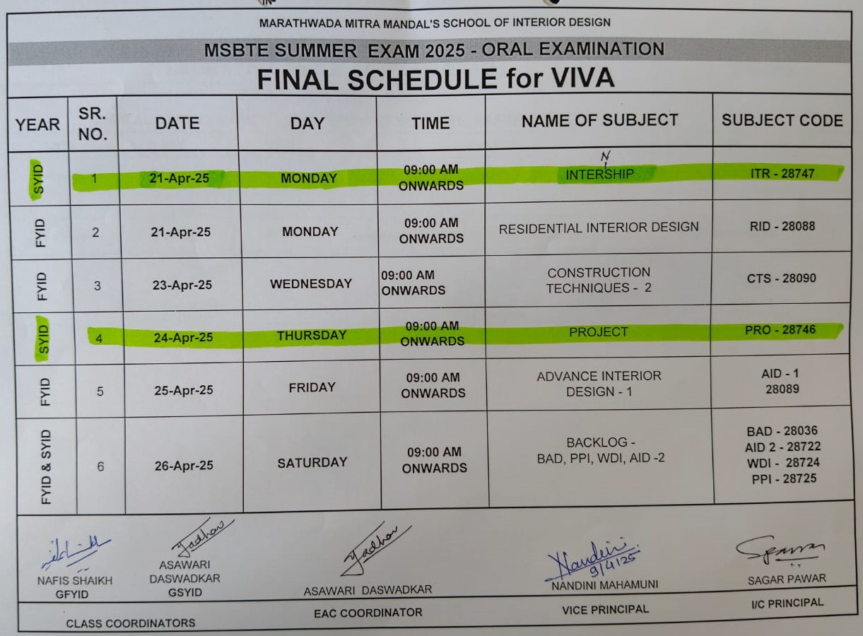 Viva Exam Timetable 2025