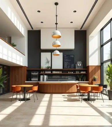 Contemporary café interior with considered lighting, materials and spatial design